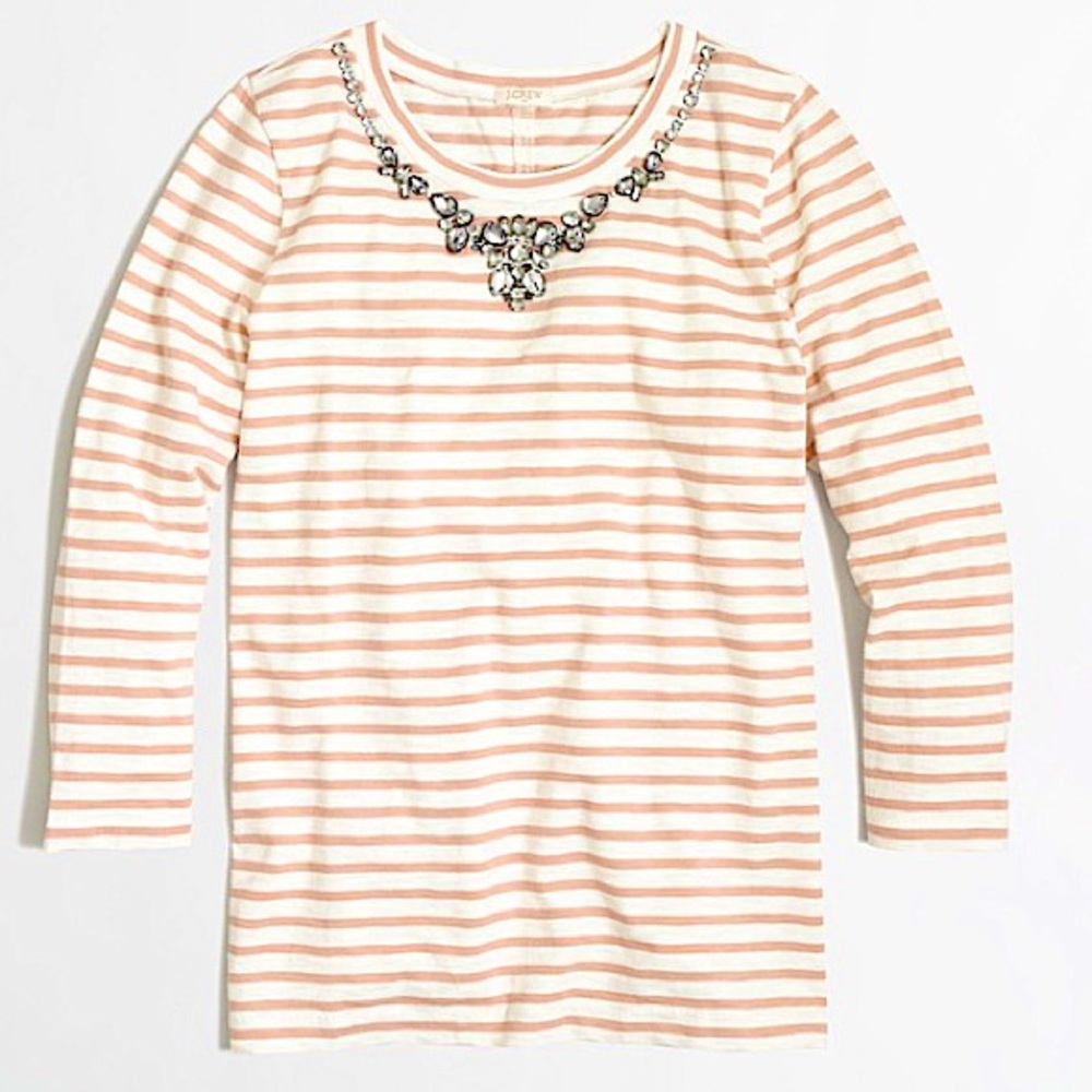 3/4 Sleeve Rhinestone Striped Necklace Tee